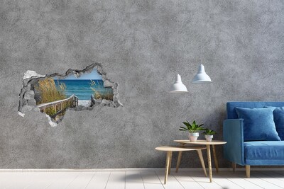 3D sticker gat in stenen muur Mysterieus strand aan de oceaan