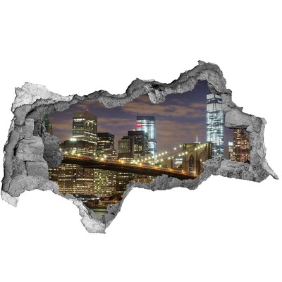 3D sticker gat in stenen muur Uitzicht op de Brooklyn Bridge 's nachts