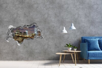 3D sticker gat in stenen muur Uitzicht op de Brooklyn Bridge 's nachts