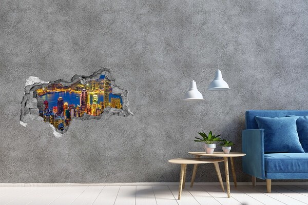 3D muursticker gescheurde muur Uitzicht op Hongkong 's nachts