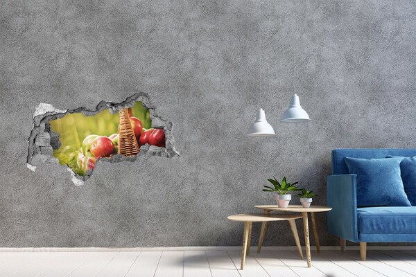 3D sticker gat in stenen muur Een mand met appels in de natuur