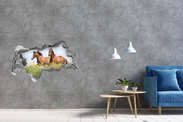 Zelfklevende 3D wandsticker illusie Paarden in de wei