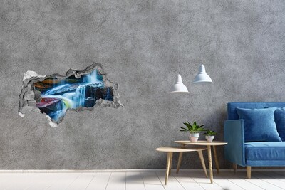 3D muursticker gescheurde muur Waterval tussen de rotsen