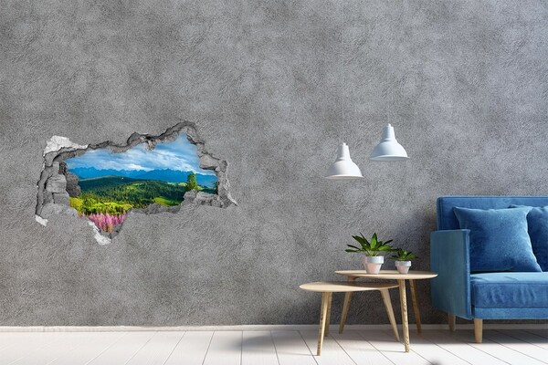3D muursticker gescheurde muur Berglandschap met bloemen