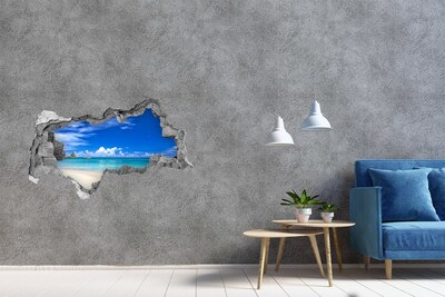 Zelfklevende 3D wandsticker illusie Caribisch strand door het gat in de muur
