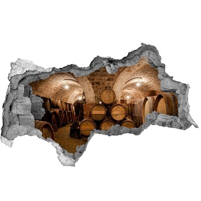 3D muursticker gescheurde muur Interieur van een wijnmakerij met vaten.