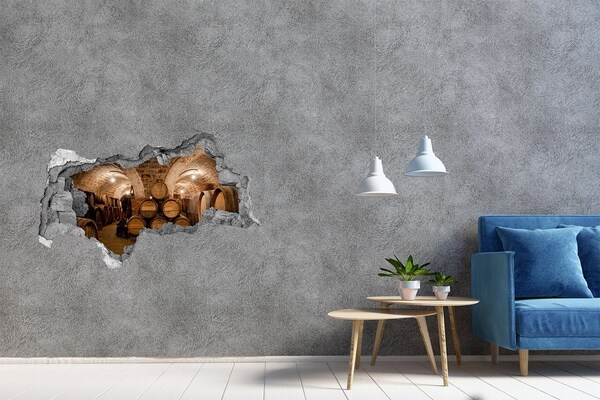 3D muursticker gescheurde muur Interieur van een wijnmakerij met vaten.