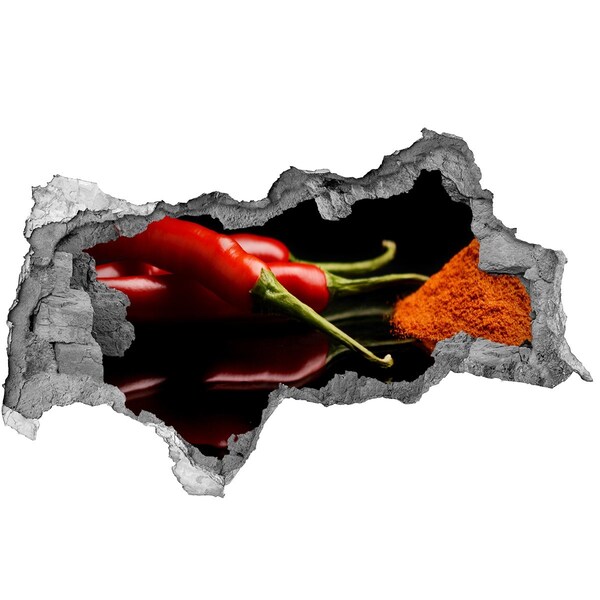 Wandsticker 3D doorkijk Chilipepers op een zwarte achtergrond