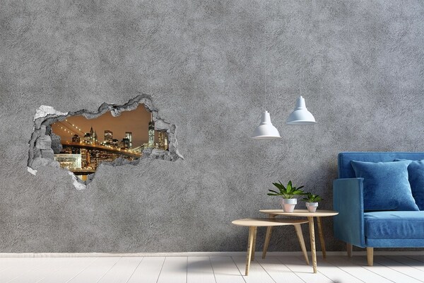 3D sticker gat in stenen muur De skyline van New York 's nachts