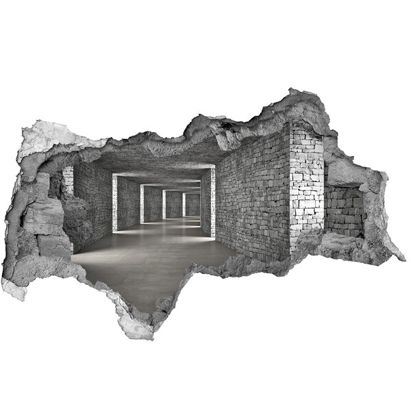 Wandsticker 3D doorkijk Een ingestorte muur die uitkijkt over een lege ruimte.