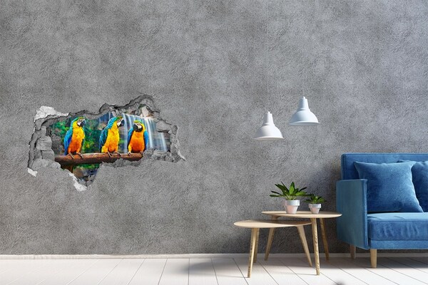 3D muursticker gescheurde muur Paradijspapegaaien bij de waterval