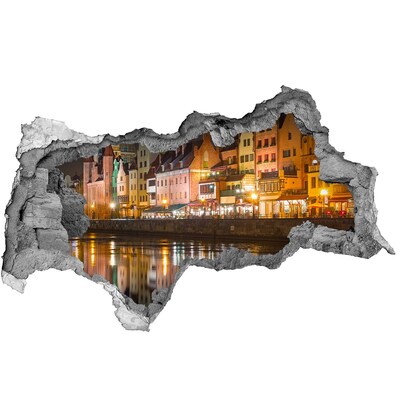 3D sticker gat in stenen muur Een charmante haven 's nachts