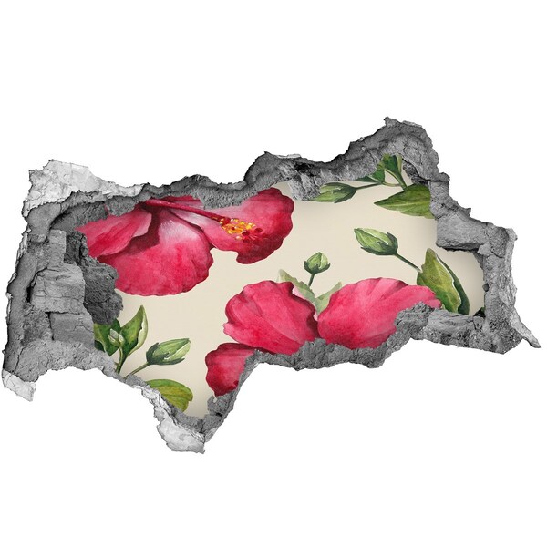 Wandsticker 3D doorkijk Hibiscusbloemen door een gat in de muur