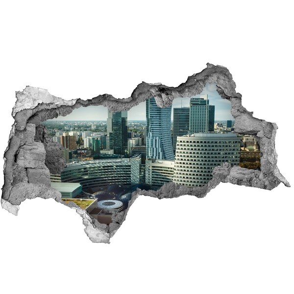 3D sticker gat in stenen muur Uitzicht op de moderne stad