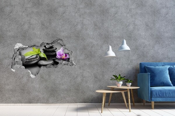 3D sticker gat in stenen muur Een rustgevend uitzicht met stenen en planten.