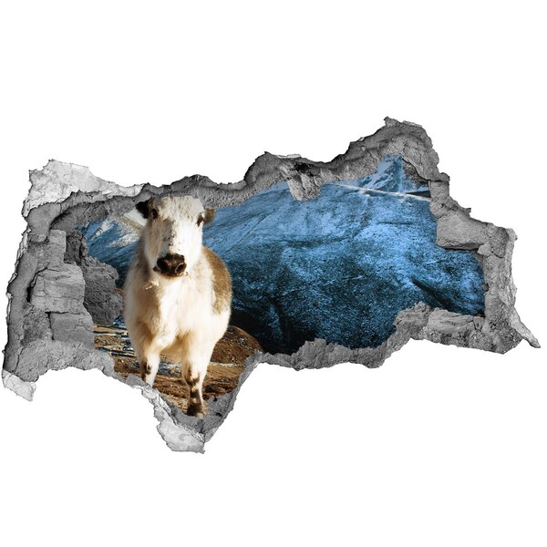 Zelfklevende 3D wandsticker illusie Bergbuffel in een gat in de muur