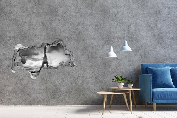 3D muursticker gescheurde muur De Eiffeltoren in een monochrome stijl.
