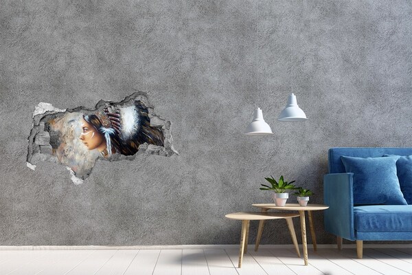 3D muursticker gescheurde muur Portret van een Indiaanse krijgsvrouw