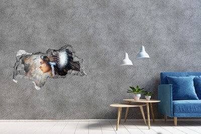 3D muursticker gescheurde muur Portret van een Indiaanse krijgsvrouw