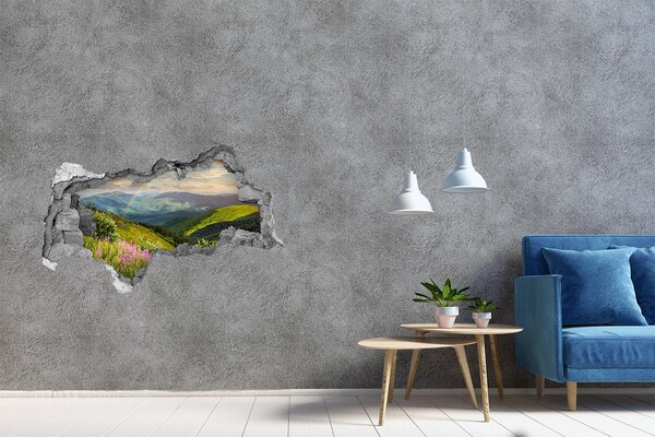 3D sticker gat in stenen muur Regenboog berglandschap