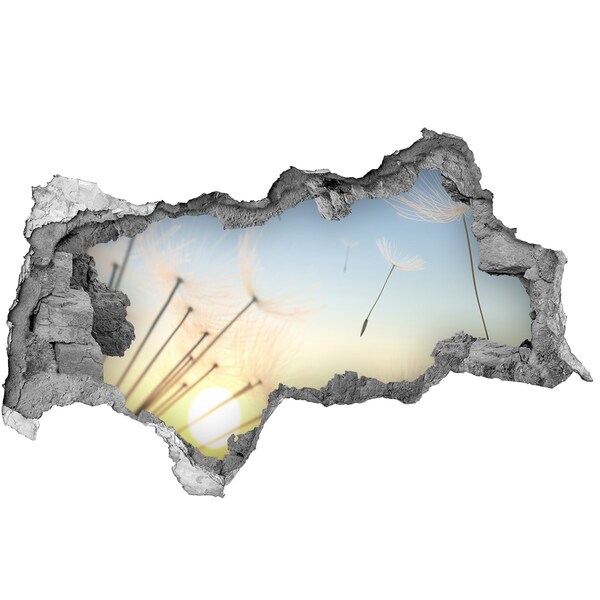 3D sticker gat in stenen muur Bloemenlandschap bij zonsopgang