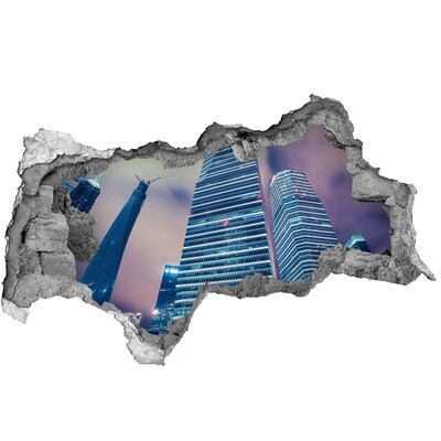 3D sticker gat in stenen muur De moderne stad gezien door een gat in de muur.