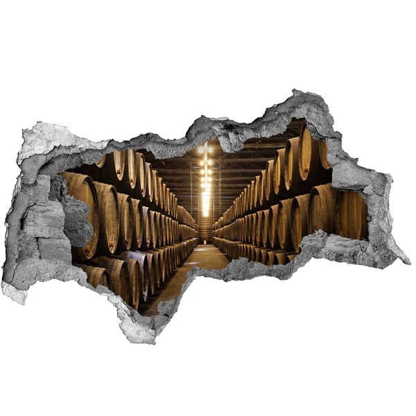 3D sticker gat in stenen muur Interieur van een wijnmakerij met vaten.