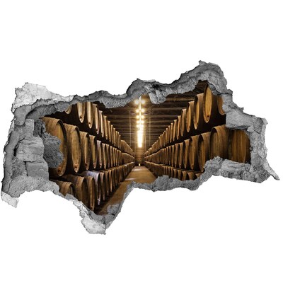 3D sticker gat in stenen muur Interieur van een wijnmakerij met vaten.