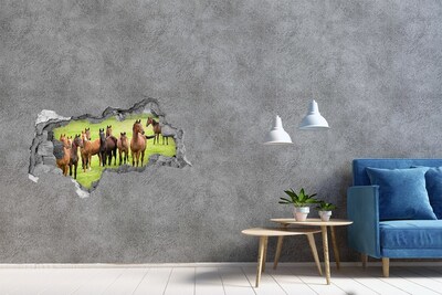 3D sticker gat in stenen muur Een kudde paarden in de wei