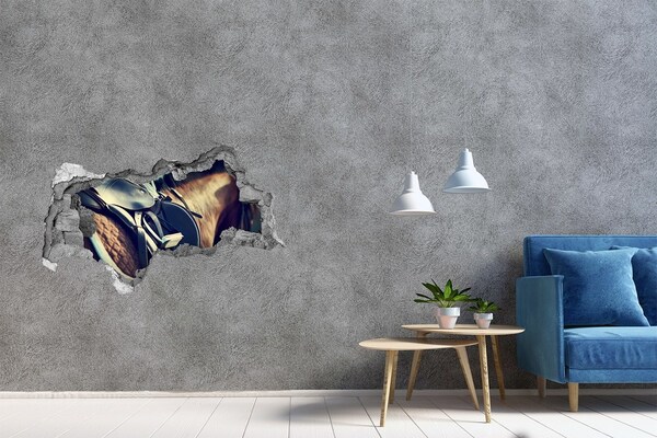 Wandsticker 3D doorkijk Een paard schoot van achter de muur vandaan.