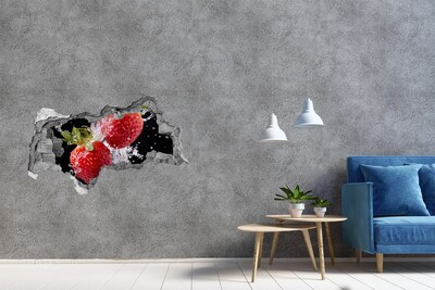 3D sticker gat in stenen muur Sappige aardbeien in water