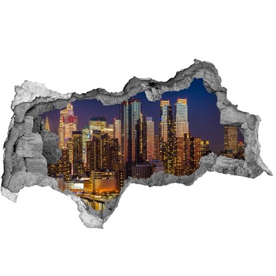 3D sticker gat in stenen muur Nachtpanorama van de stad