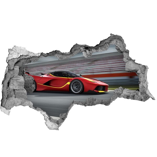 3D sticker gat in stenen muur Een raceauto op het circuit.