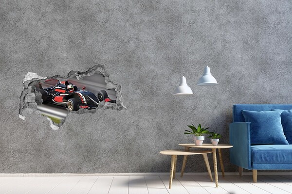 3D muursticker gescheurde muur Een raceauto op het circuit.