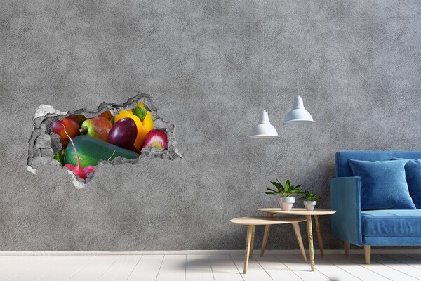 3D muursticker gescheurde muur Fruit en groenten in een gat in de muur