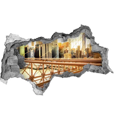 3D sticker gat in stenen muur Brooklyn Bridge bij zonsondergang