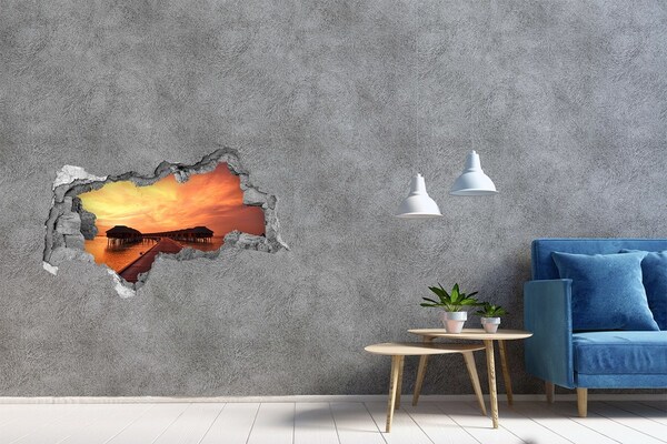 3D sticker gat in stenen muur Zonsondergang boven het water