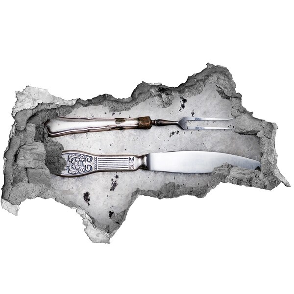 Zelfklevende 3D wandsticker illusie Een beschadigde muur met keukengerei.