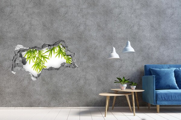 Wandsticker 3D doorkijk Groene bamboe door een gat in de muur