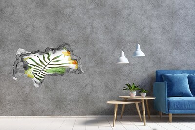 Wandsticker 3D doorkijk Groene palmboom door een gat in de muur