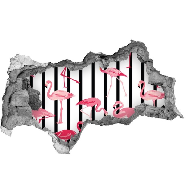 3D muursticker gescheurde muur Flamingo's op een gestreepte achtergrond