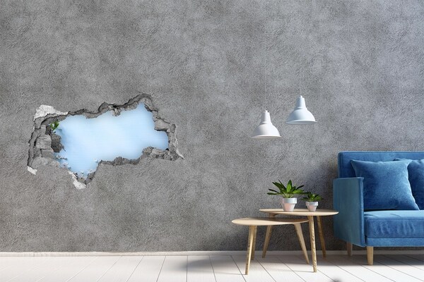 3D sticker gat in stenen muur Blauwe lucht achter de ingestorte muur