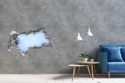 3D sticker gat in stenen muur Blauwe lucht achter de ingestorte muur