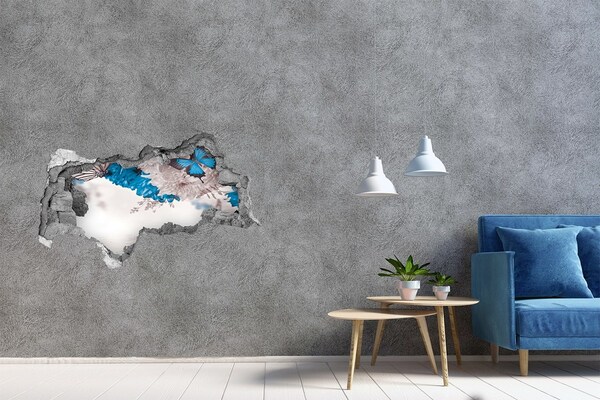 3D muursticker gescheurde muur Blauwe veren in beton