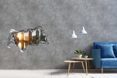 3D muursticker gescheurde muur Stad 's nachts aan de rivier