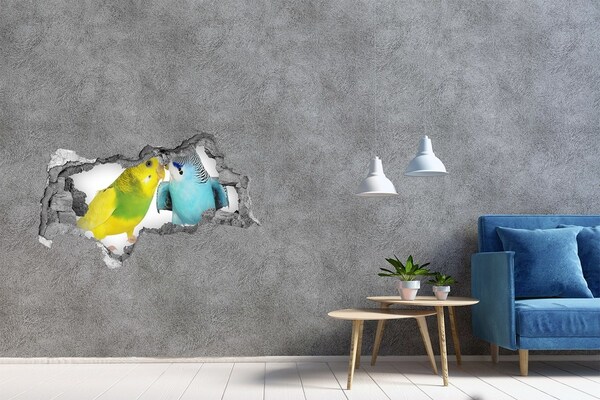 3D sticker gat in stenen muur Een moderne stad in puin.