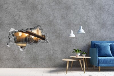 3D sticker gat in stenen muur Een beschadigde muur die uitkijkt op een betonnen ruimte.