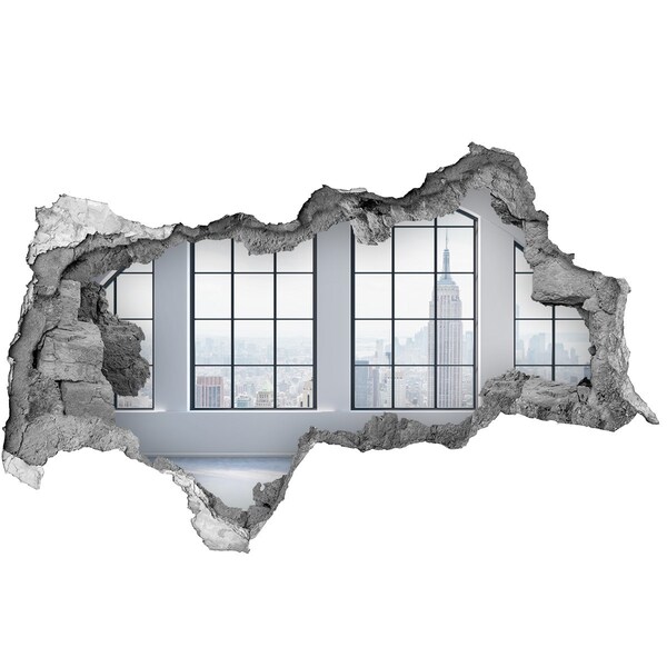 3D sticker gat in stenen muur De skyline van New York 's nachts