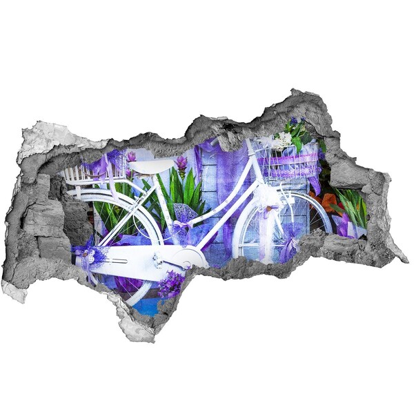 3D sticker gat in stenen muur Een fiets in een bloemrijke omgeving.