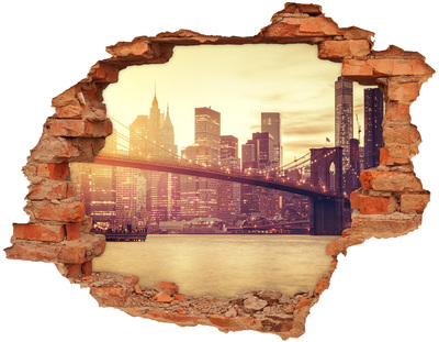 Grote 3D muursticker gat in de muur Brooklyn Bridge bij zonsondergang